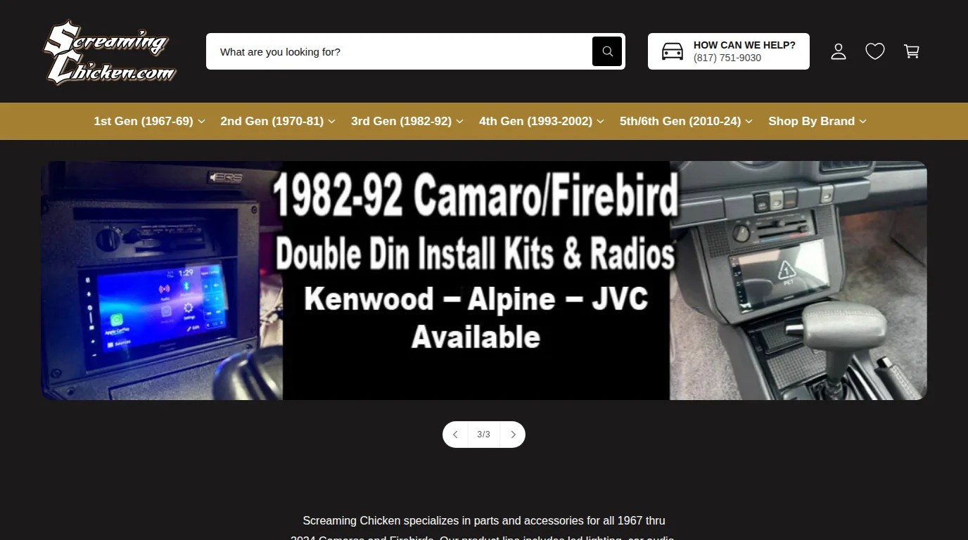 screamingchicken.com homepage on Shopify, Camaro and Firebird parts store migrated from BigCommerce