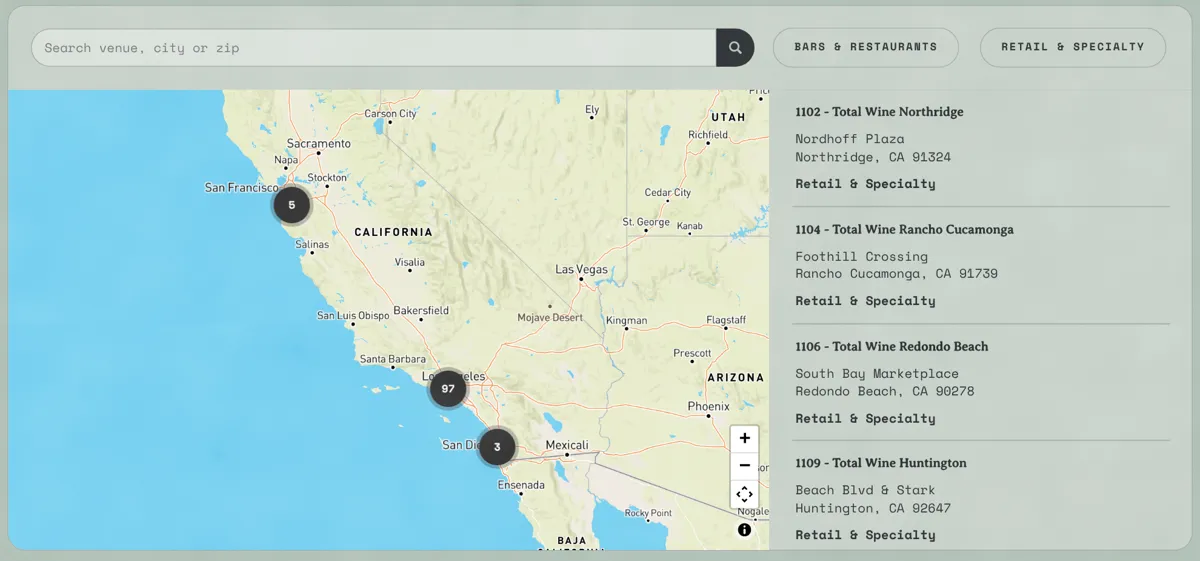 The store locator: search, map of California and nearby accounts