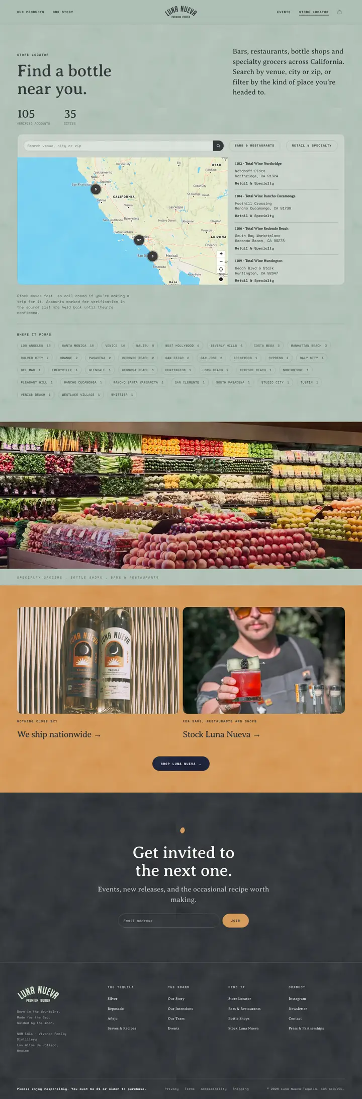 Luna Nueva Store Locator page, full length